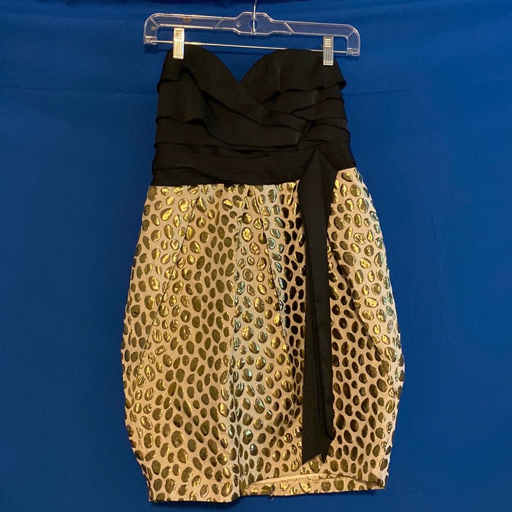 aryn K black and gold strapless dress